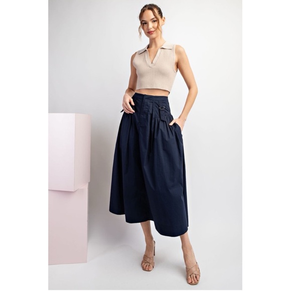 NWT- 243 • Navy Blue 100% Poplin Gathered Pleated Long Skirt